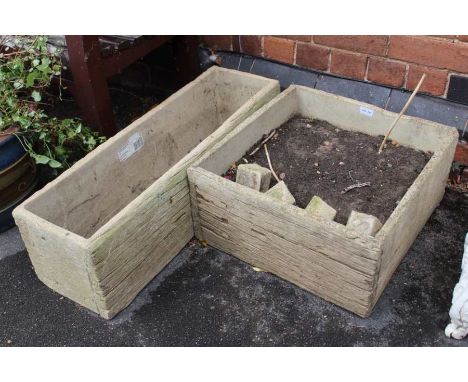 Two cast wooden plank effect planters, one square form the other a rectangular trough, bearing the name Lonstone