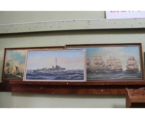 Geoff Shaw, two oil on board naval studies, signed, together with a print of a naval battle