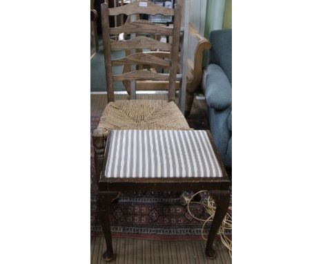 A rustic ladder back single chair with strung seat together with a pad top piano stool