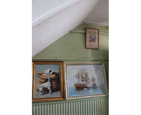 John Hewitt, oil on board study of naval skirmish, together with an oil on canvas depicting two Jack Russell's, signed Willis