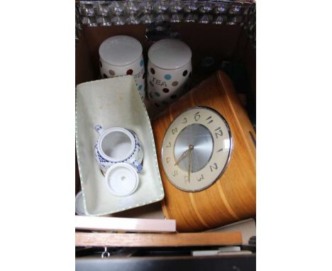 Two boxes of useful and collectible domestic items, to include table lamp, and a time savings clock