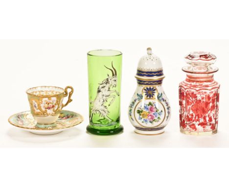 Four pieces of glassware and ceramics, a Copeland cabinet teacup and saucer decorated in gilt and floral pattern, together wi