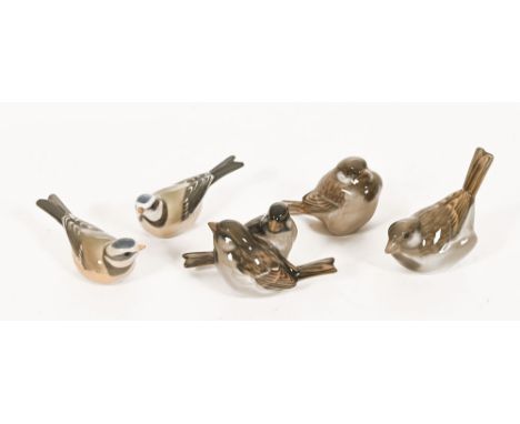 Five Royal Copenhagen bird figures, blue tit Model 1505, sparrow Model 1081, 1519 and 1309.  