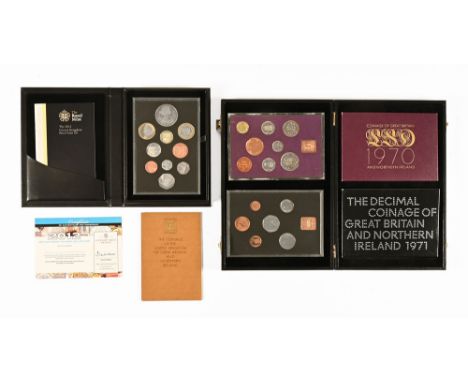 Two cased sets of decimal coinage of Great Britain and Northern Ireland, 1970 and 1971 and cased 2012 proofed set including d
