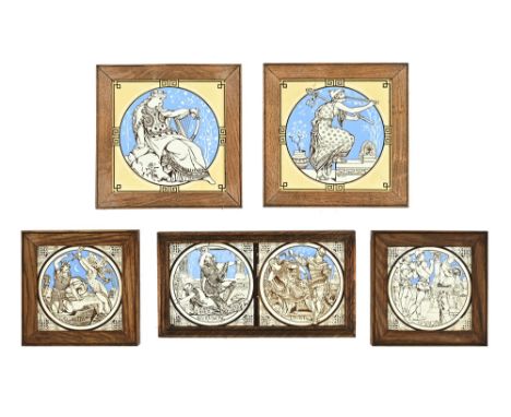 A collection of Minton tiles, comprising of a pair of Arthurian scenes, after designs by Moyr Smith titled Guinevere and Isou