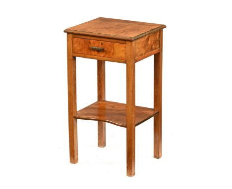 A walnut occasional table, with moulded edge single drawer and square tapered legs with shelf.  Height 70 cm, width 38 cm, de