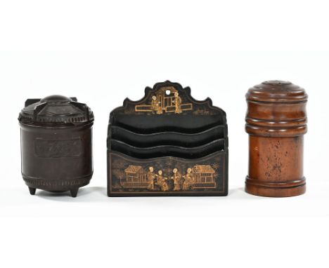 A Japanese style lacquered letter rack, with label verso William Whiteley, together with 19th century wig powder shaker and a