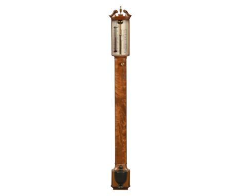A Regency style mahogany stick barometer, with bow front with ebonised cistern cover and silvered dial (glass and moulding pa