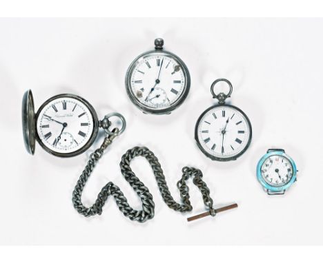 A Universal watch silver Hunter pocket watch, with chain together with two other pocket watches and a wristwatch.