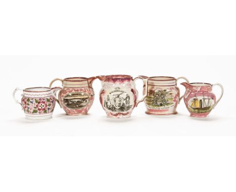 A collection of five Sunderland pink lustre jugs, some with transfer prints and titled "The Farmers Arms", "The Flag Thats Br