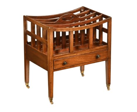 A George III style mahogany Canterbury, with carrying handle and four divisions and fitted with a drawer and all raised on br