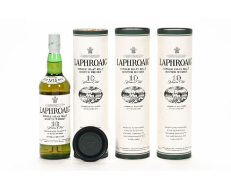 A collection of three bottles of Laphroaig Islay single malt Scotch whisky, 10 years old. *