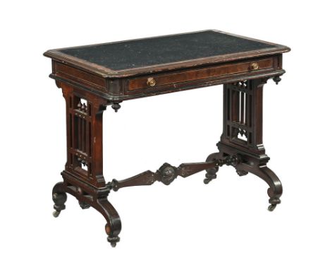 A Victorian part walnut side table, having rectangular top with later black felt inlay on aesthetic style side supports with 