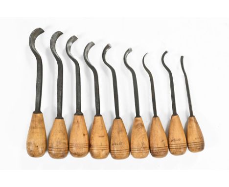 Nine wood turning hollowing tools.