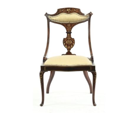 A late Victorian/Edwardian mahogany salon armchair, with foliate and line inlay decoration to crest and vase splat, with swee