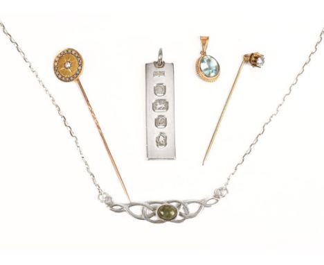 A 9 ct gold pendant with aquamarine and rope twist edge, together with a seed pearl set stick pin, a Scottish silver necklace