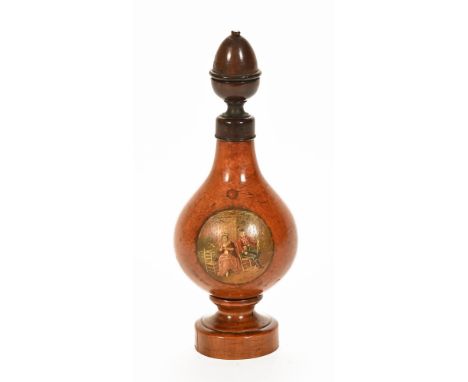 An antique Treen burrwood multi thread dispenser, the front painted with a silver and sweetheart.  Height 24 cm (see illustra