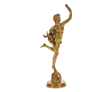 A French Edwardian period brass lamp of a female nude, in the classical style.  51 cm high.