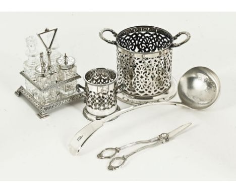 An Elkington & Co silver plated soup ladle, a pair of plated grape shears, a bottle holder and smaller similar, a silver plat