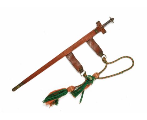A Tuareg Fulani Takouba broadsword, with 31 1/2" blade, part triple fullered with half moon stamps, with leather sheath and t