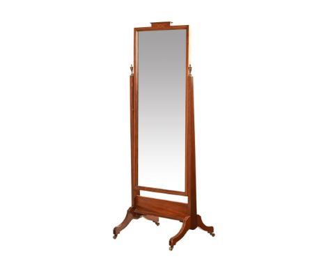 An Edwardian mahogany cheval mirror, with brass finial and inlay decoration.  173 cm high.   CONDITION REPORT:  There are def