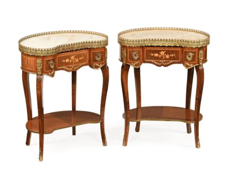 A pair of continental marble topped kidney shaped and inlaid side cabinets, each with drawer, cabriole legs and low shelf.  H