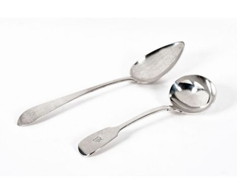 A Victorian silver sauce ladle by George Adams London 1869.  77.5 grams, length 18 cm, together with a Birmingham silver dess