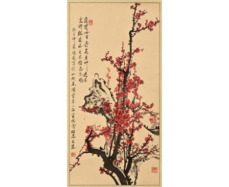 A Chinese watercolour scroll, depicting prunus with calligraphy and seal marks.  Image size 77 cm x 37 cm.