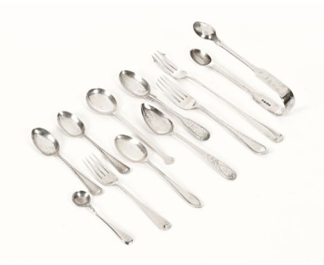 A collection of miscellaneous silver flatware, spoons, pickle fork, tongs etc.  208 grams.