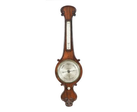 A 19th century rosewood wheel barometer, signed A Abraham & Co, with thermometer and scrolled mounts.  94 cm long.