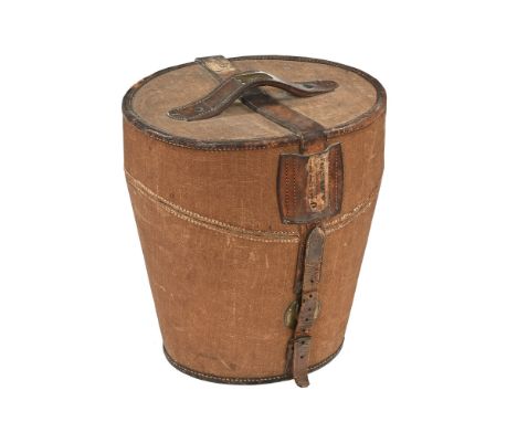 Army & Navy Cooperative Society Limited a Victorian canvas and leather double hat box, with railway labels to the exterior to