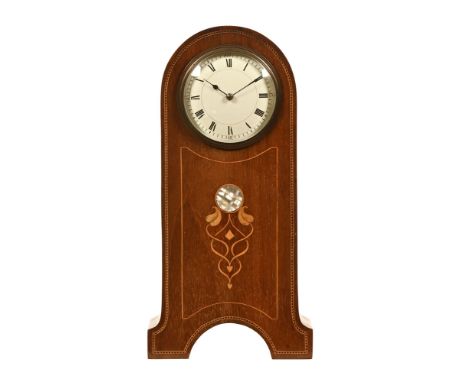 An Art Nouveau inlaid mahogany mantel clock, with enamelled dial above a inlaid circular mother of pearl and boxwood strung c