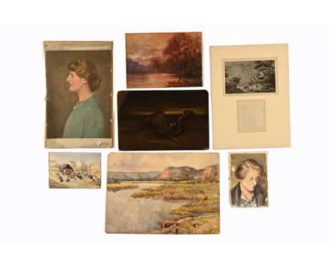 A collection of 19th and 20th century unframed oils and watercolours to include an unframed oil study on board of a fallen kn