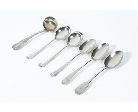 A silver Kings pattern sauce ladle, marks rubbed and five miscellaneous spoons, various makers various marks, combined weight