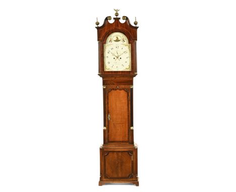 A late 18th century oak and mahogany longcase clock, with line inlay crossband decoration, brass finial and eagle swan necked