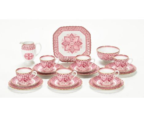 A Spode primrose pattern part tea service, with +/- 12 plates, 6 teacups a sugar bowl, milk jug and serving plate.