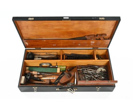 Black painted joiners toolbox, with selection of tools, marking gauge, saws, plane, glass cutter etc.
