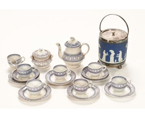 An antique Davenport part tea set, comprising teapot, sugar basin, seven cups, six plates, two saucers (AF), together with a 