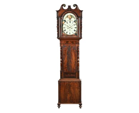 An early 19th century mahogany longcase clock, with arch swan neck and pillar hood, eight day movement, the dial with moon ph