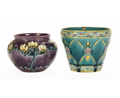 Minton Secessionist planter, with Minton mark No. 1 to the base with purple ground colour and slip trailed floral designs.  2