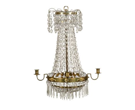 A brass and glass bag type chandelier type light fitting, second half 20th century.  Height +/- 75 cm, diameter 31 cm.