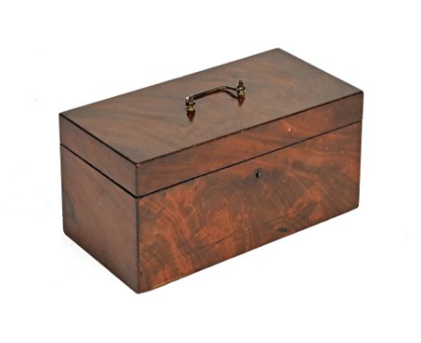 A Georgian mahogany tea caddy, with brass handle with two lidded interior compartments and glass bowl.  Width 30.5 cm.