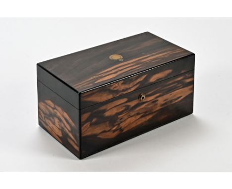 A Victorian coromandel wood tea caddy by Fisher, 188 Strand London, with Bramah Patent locks.  Height 15 cm, width 30 cm, dep