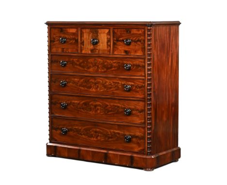 A 19th century mahogany chest, of three short and four long graduated cock beaded drawers flanked by bobbin side detail on pl