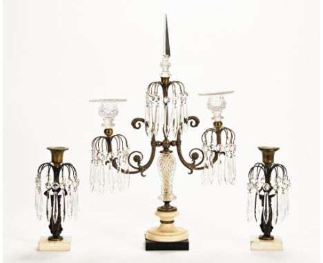 A 19th century continental glass metal and alabaster candlestick garniture, central candelabra.  Height 39 cm (see illustrati