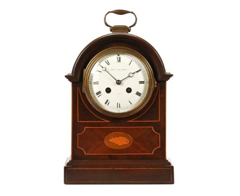 An Edwardian inlaid mahogany mantel clock, with two train French movement, the dial indistinctly signed Mappin & Webb Ltd Par