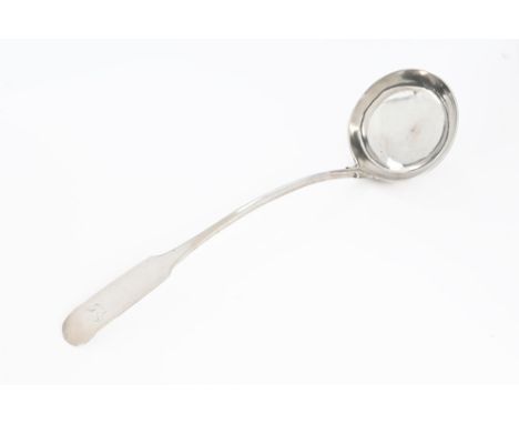 A George III Greenock silver soup ladle by John Heron, circa 1800, fiddle pattern, circular bowl, five marks - JH (script), a