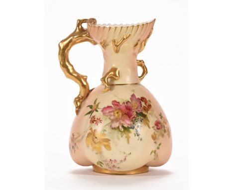 A Royal Worcester jug, with floral painted designs of shaped ovoid form with stylised branch handle, Worcester mark to the ba