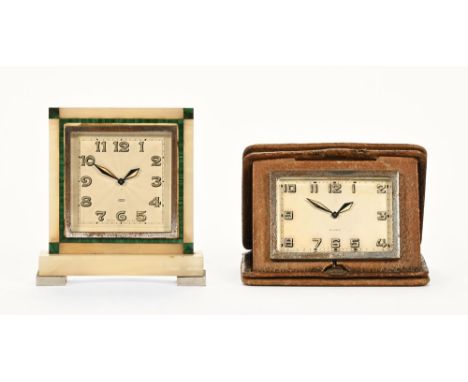 A Swiss malachite and marble cased eight day desk or mantel clock, and a cased travel clock.