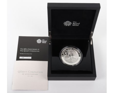 Royal Mint 60th Anniversary Coronation Five Ounce Silver Coin, in presentation case